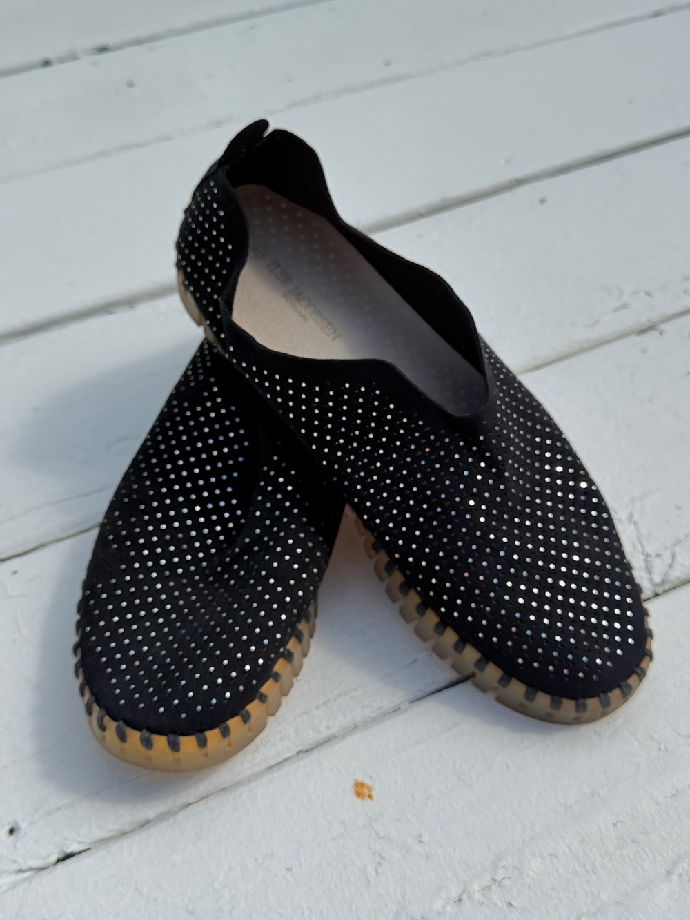 Ilse Jacobsen Tulip 139 Black Silver Dot Perforated Slip-On Flats Sz 9.5 EU 40